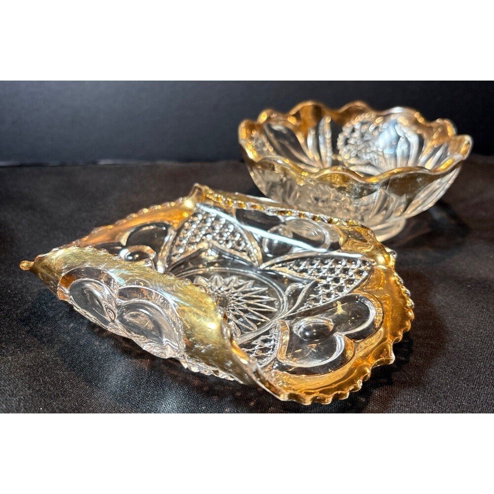 Lot of 2 Heart and Thumbprint Rolled & Scalloped Edge Candy Dish Bowls Gold Rim